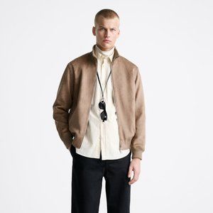 NWT Zara Faux Suede Bomber Jacket in Taupe Brown